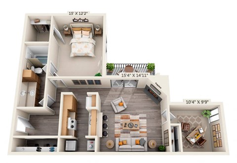 This is a 3D floor plan of a 982 square foot 1 bedroom, 1 bath with den apartment at Cambridge Court Apartments in Dallas, TX.